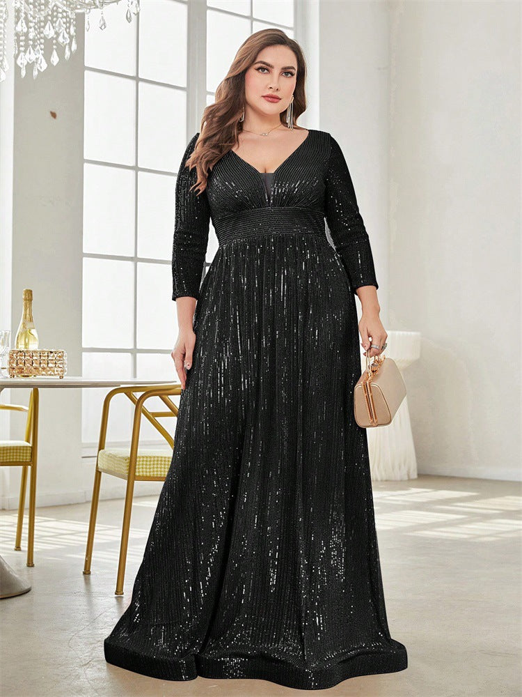 Women Plus Size Sequined Long-Sleeved V-Neck Formal Party Elegant Maxi Dress 9