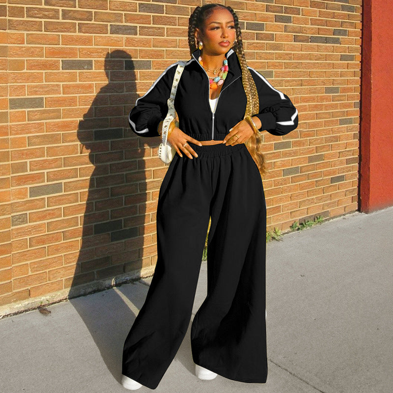 Women's Autumn Fashion Zipper Long Sleeve Top Wide Leg Pants Casual Sports Two Piece Set