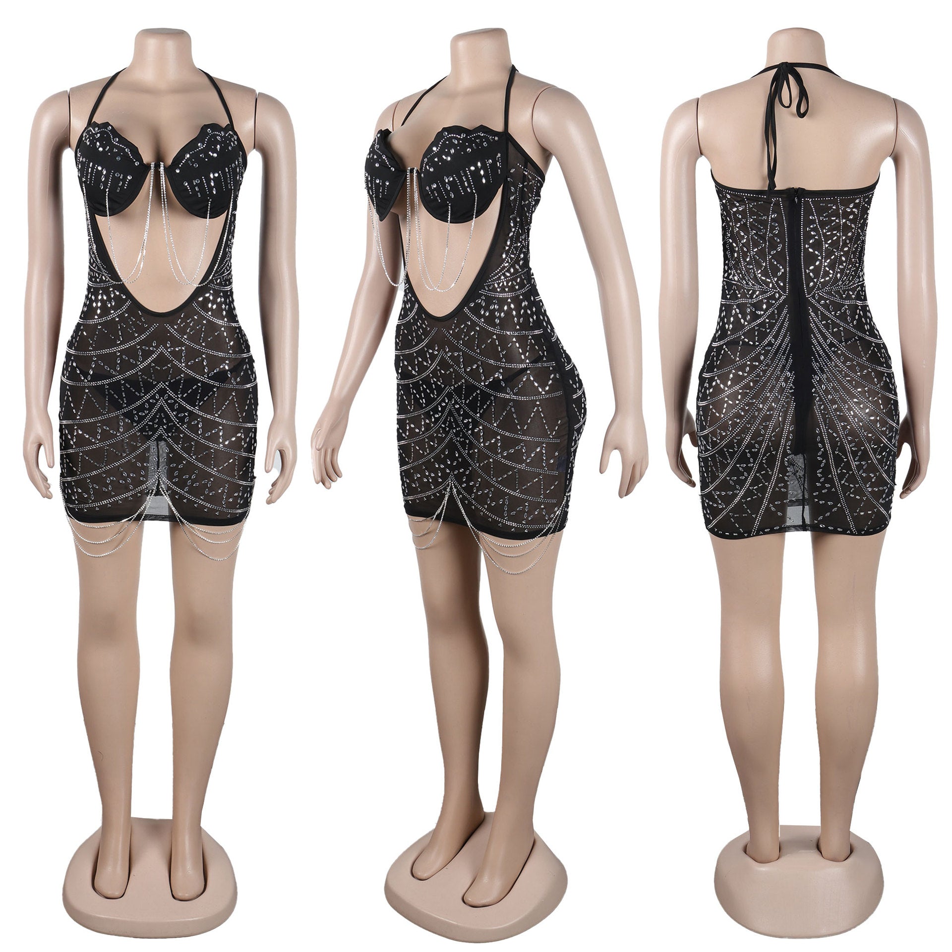 Women Sexy Beaded Tassel See-Through Bodycon Dress 15