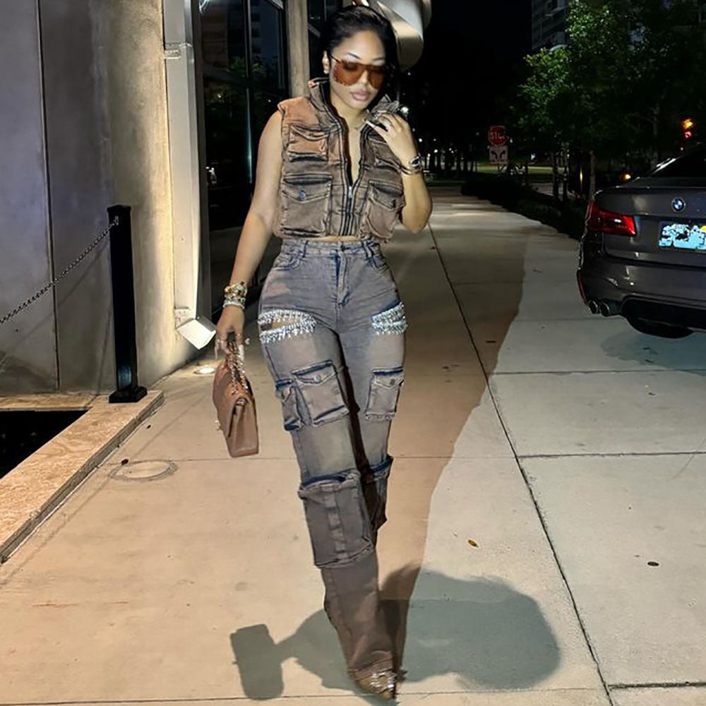 Women Trendy Retro Tassel Diamond Denim Cargo Pants 5