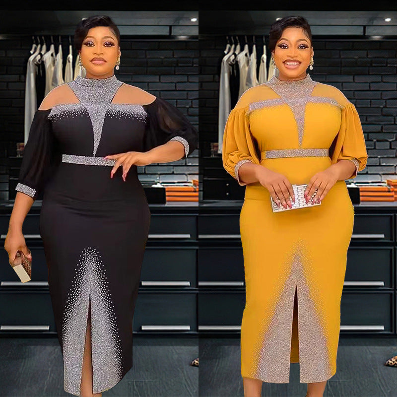African Plus-Size Elegant Chic Beaded Patchwork Slit Bodycon Dress 11