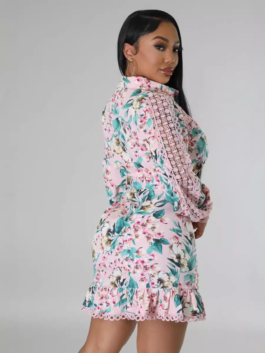 Women's Long-Sleeved Lace Patchwork Slim Printed Turndown Collar Floral Shirt Dress 3