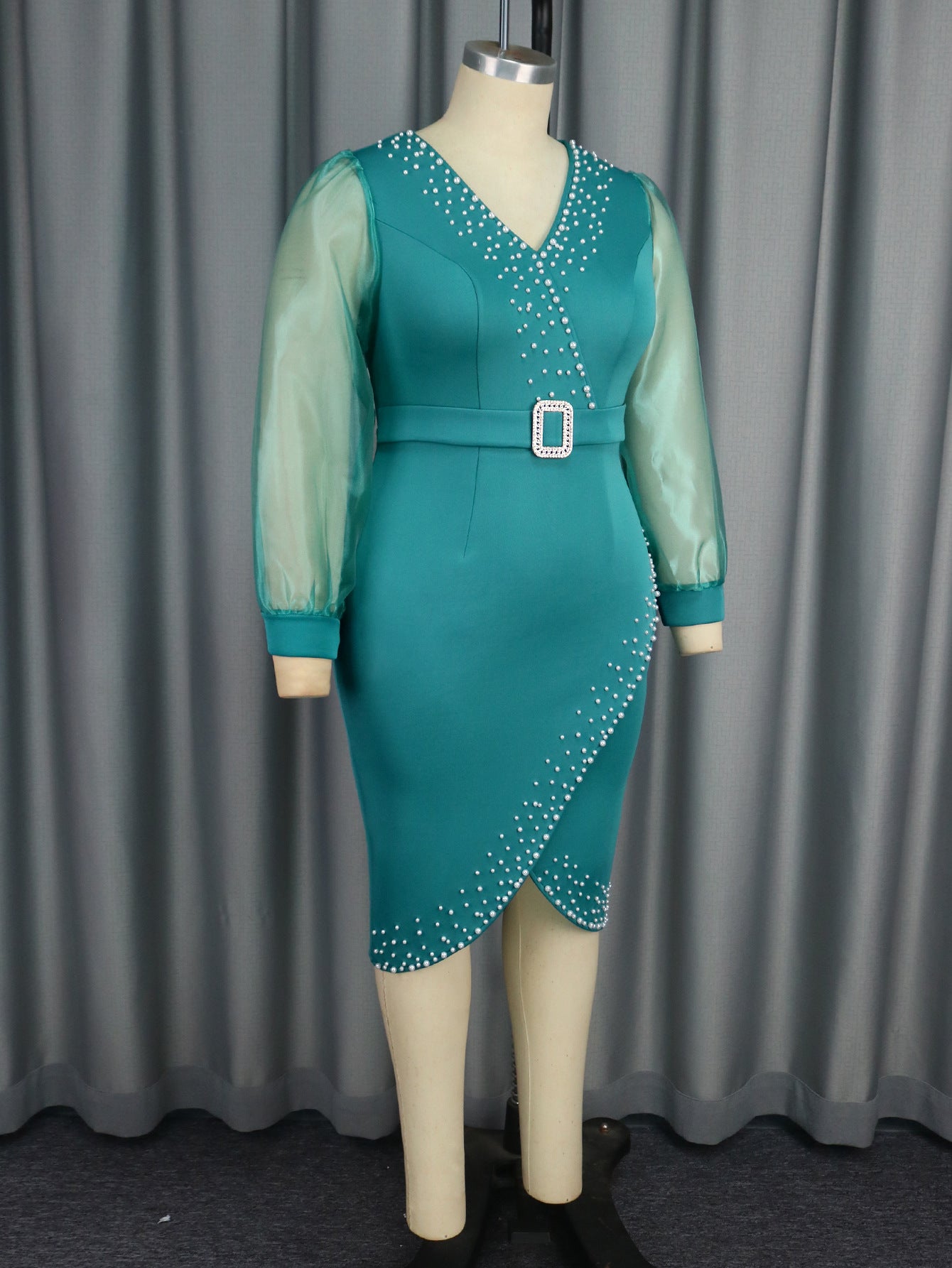 Plus Size Women V-Neck See-Through Lantern Sleeve Elegant Formal Party Dress 11