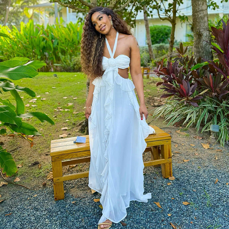 Women's Autumn Halter Neck Chic Strapless Low Back Long Dress 4