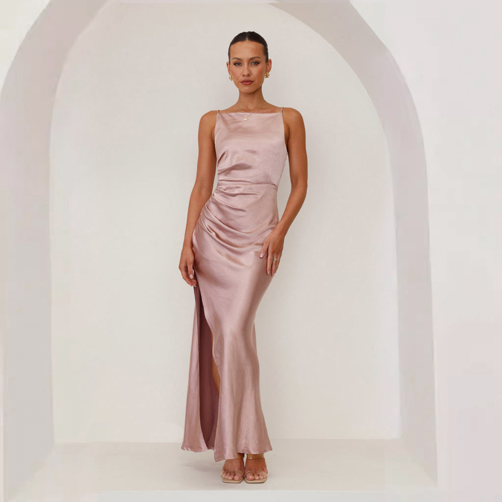 Women Solid Sexy Backless Slit Sleeveless Strap Dress