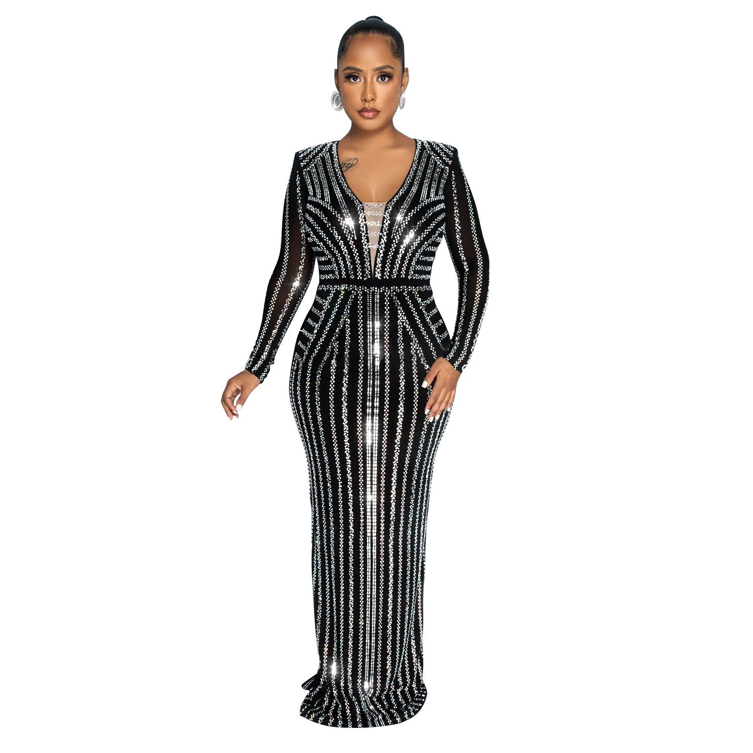 Fashion Women's Solid Color Beaded Long Sleeve Slit Maxi Dress 9