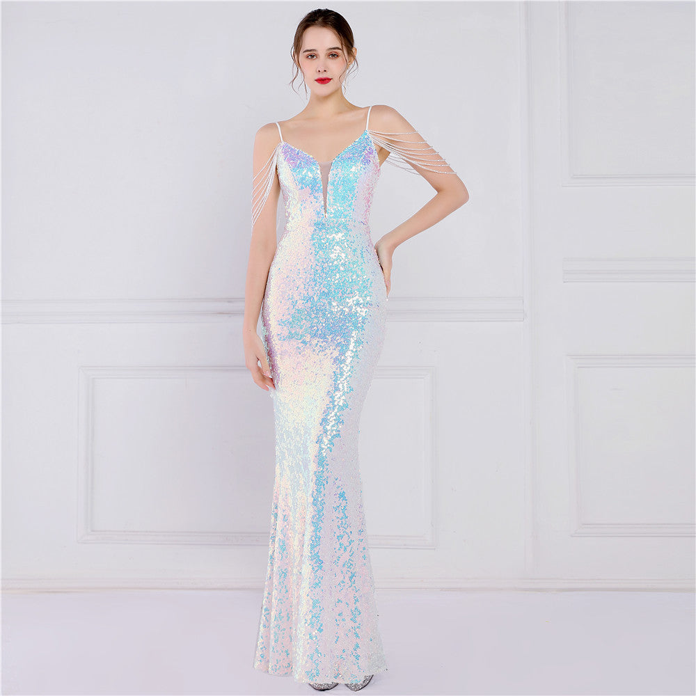 Women Summer Vintage Strap Sleeveless Solid Sequined Mermaid Evening Dress 12