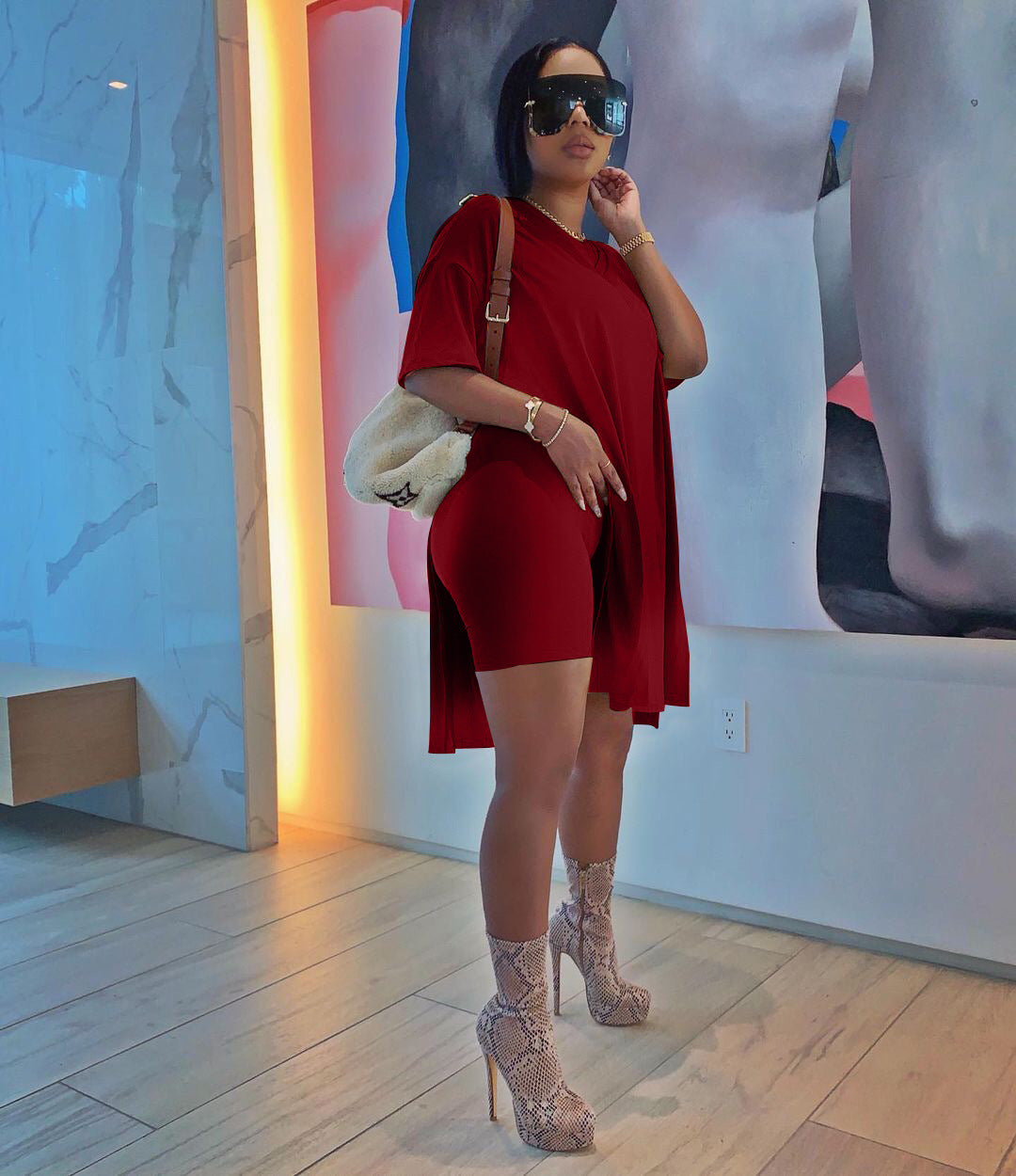 Women Summer Solid Slit Short Sleeve Top and Shorts Two-piece Set 12