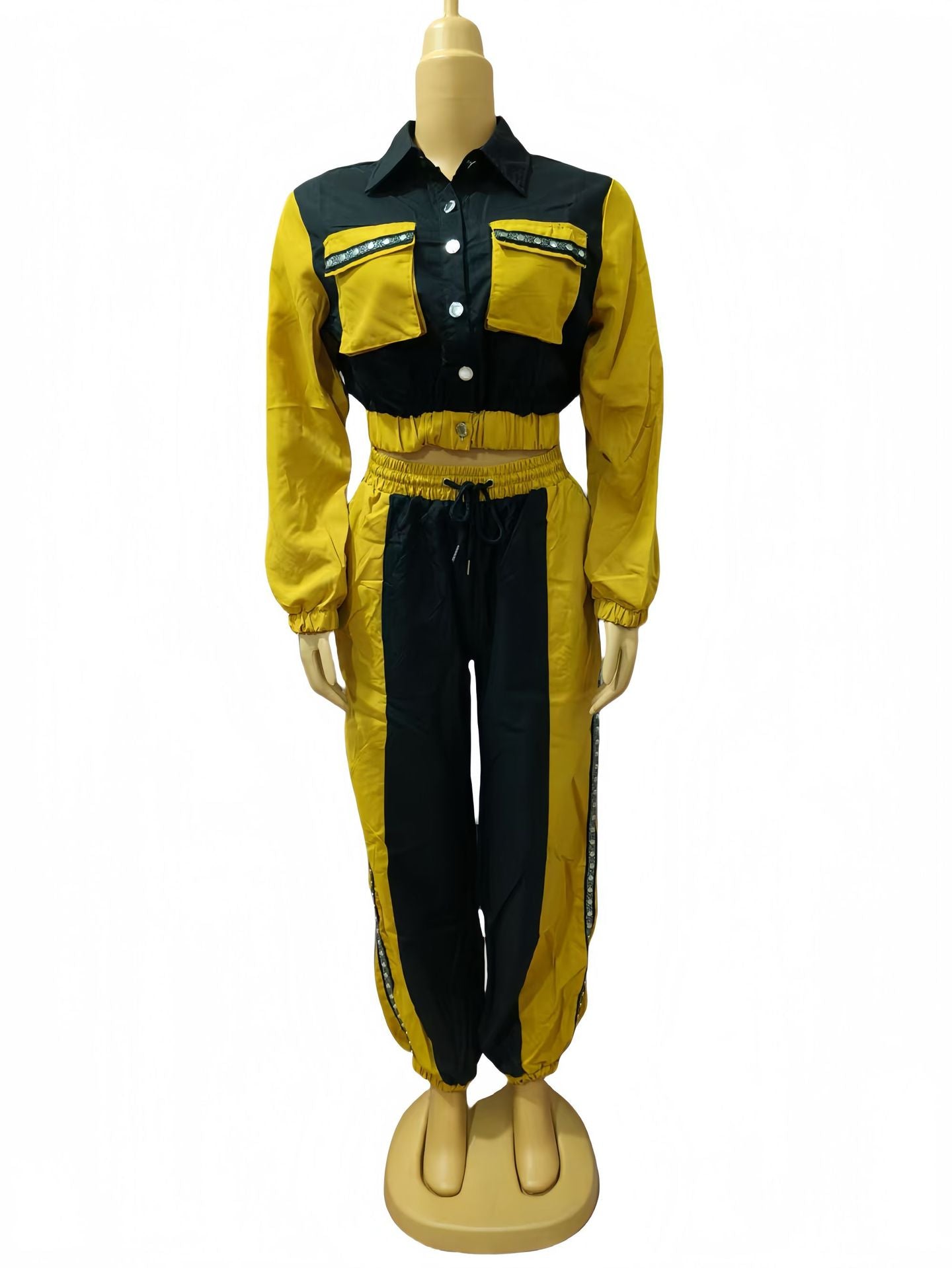 Women color matching Top and multi-pocket trousers Casual Two Piece Set 4