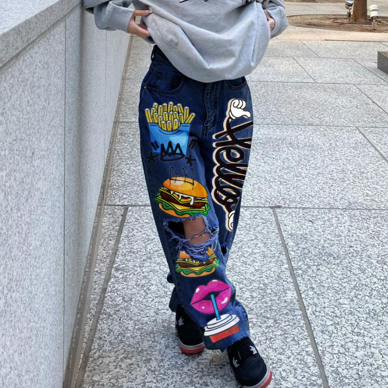 Women Ripped Print Shabby Denim Pants 6