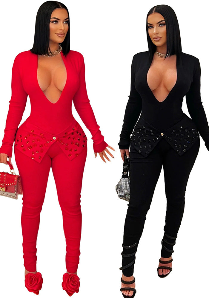 Sexy solid color long sleeves V-neck beaded jumpsuit