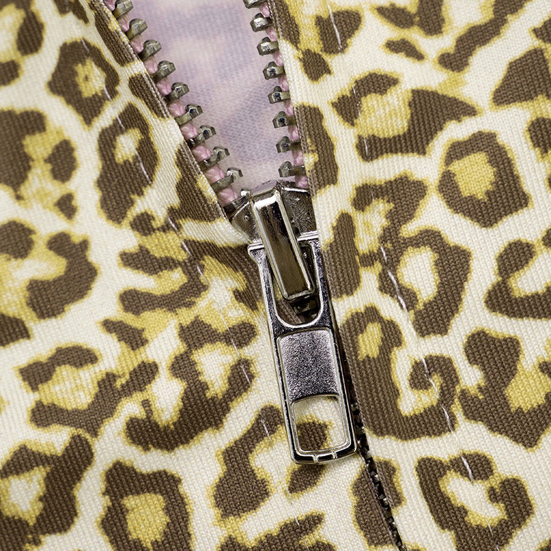 Women's Leopard Print Color Block Long Sleeve Zipper Coat Drawstring Shorts Two-Piece Set 27