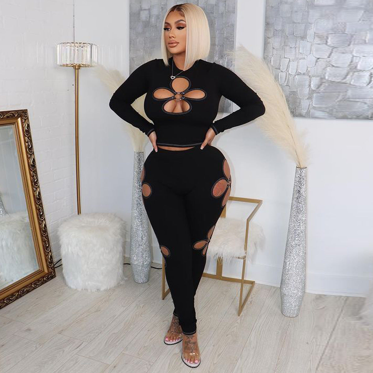 Stretch Ribbed Quatrefoil Cutout Sexy Two-Piece Set 6