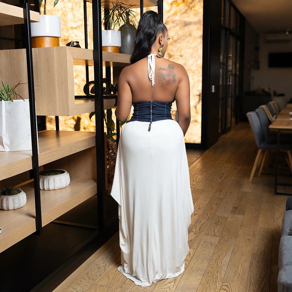 Women Slit Irregular Patchwork V-neck Dress 6