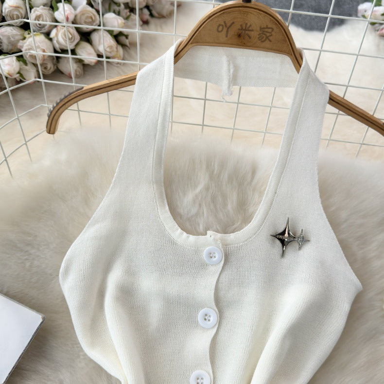 Fashionable Halter Neck Low Back Breasted Slim Fit Knitting Vest Women's Outdoor Wear Trendy Basic Top 7