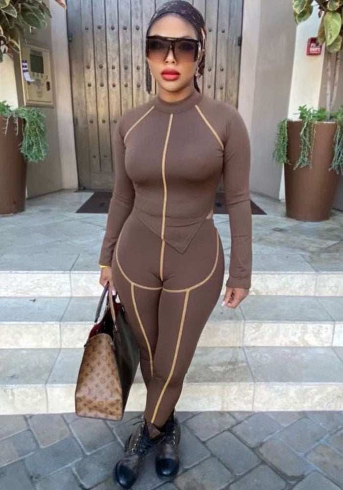 Women's Fashionable brown sexy tight fitting long sleeve Top and pants two-piece set