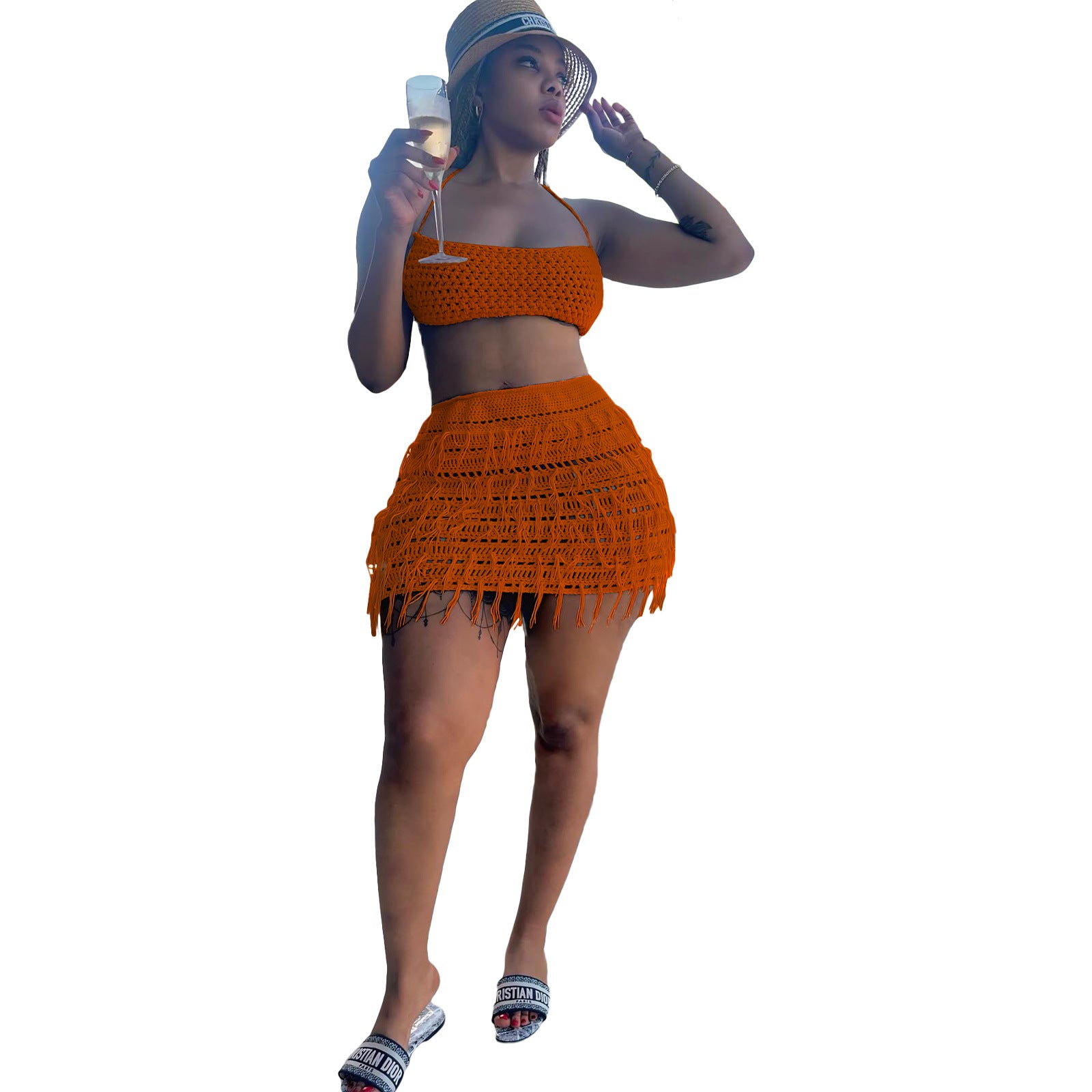 Women knitting Crochet Hollow Tassel Strapless Sexy Top and Skirt two-piece set 7