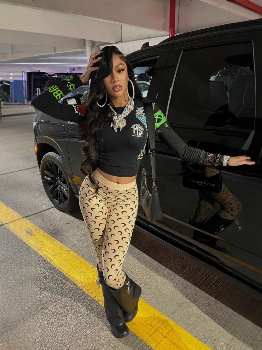 Fashionable Trendy Moon Print Elastic Slim Sexy Top & Trousers Set 6