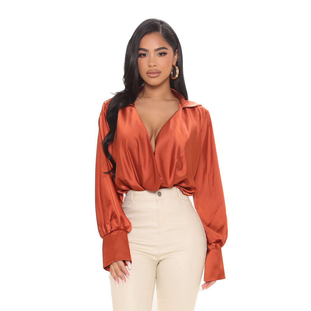Women Satin Long Sleeve Deep V-Neck Shirt 5
