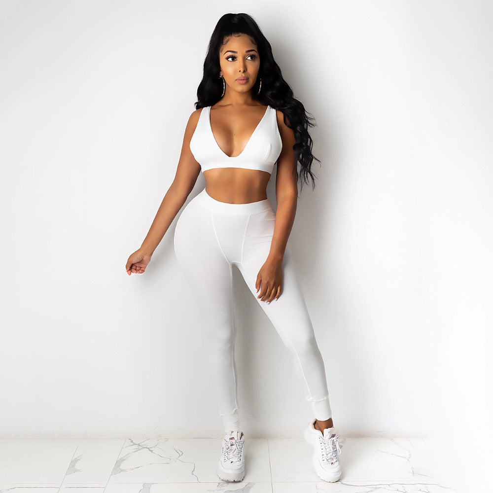 Women Solid Sling Elastic Casual Sports Two-piece Set 3