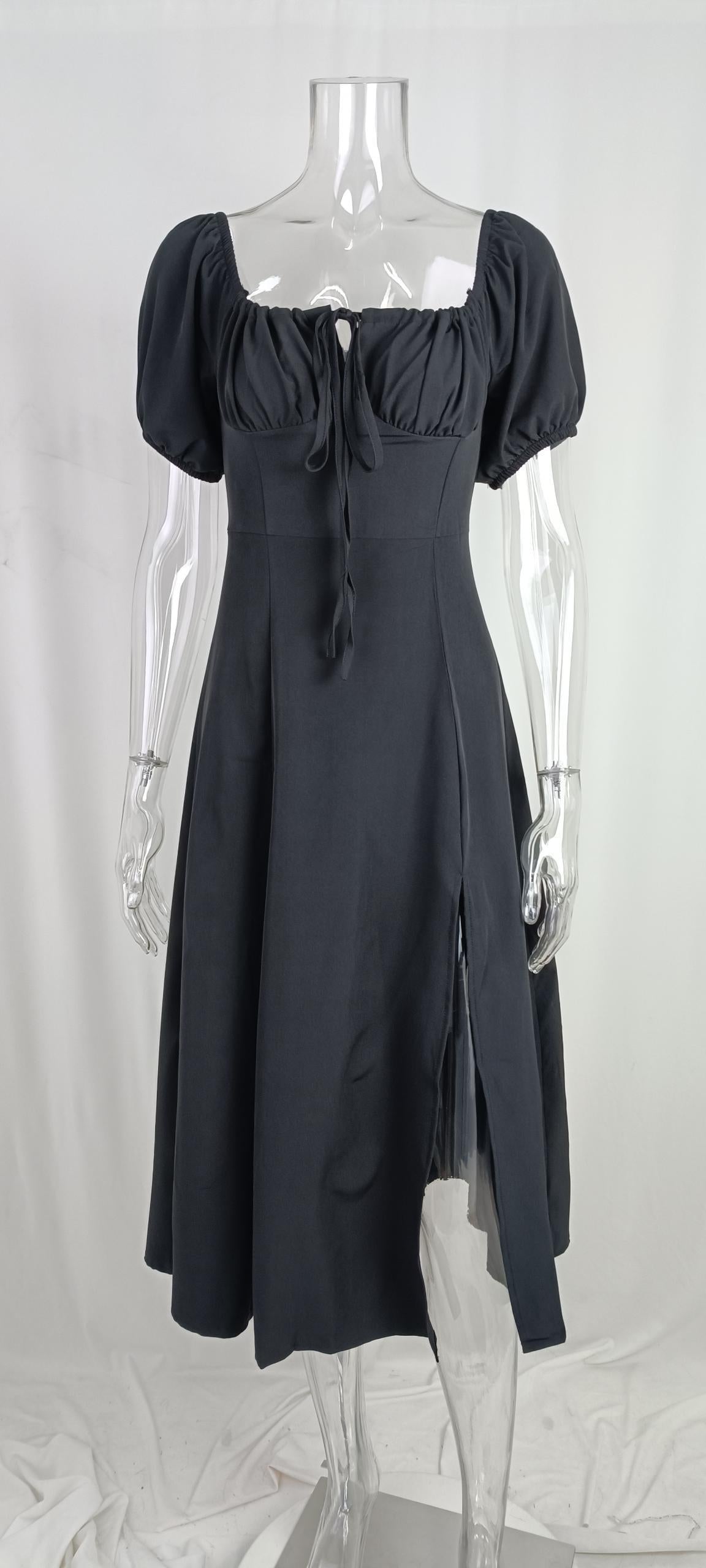 Spring Summer Dress Women's Slimming Off Shoulder Puff Sleeve Tie Slit Long Dress 18