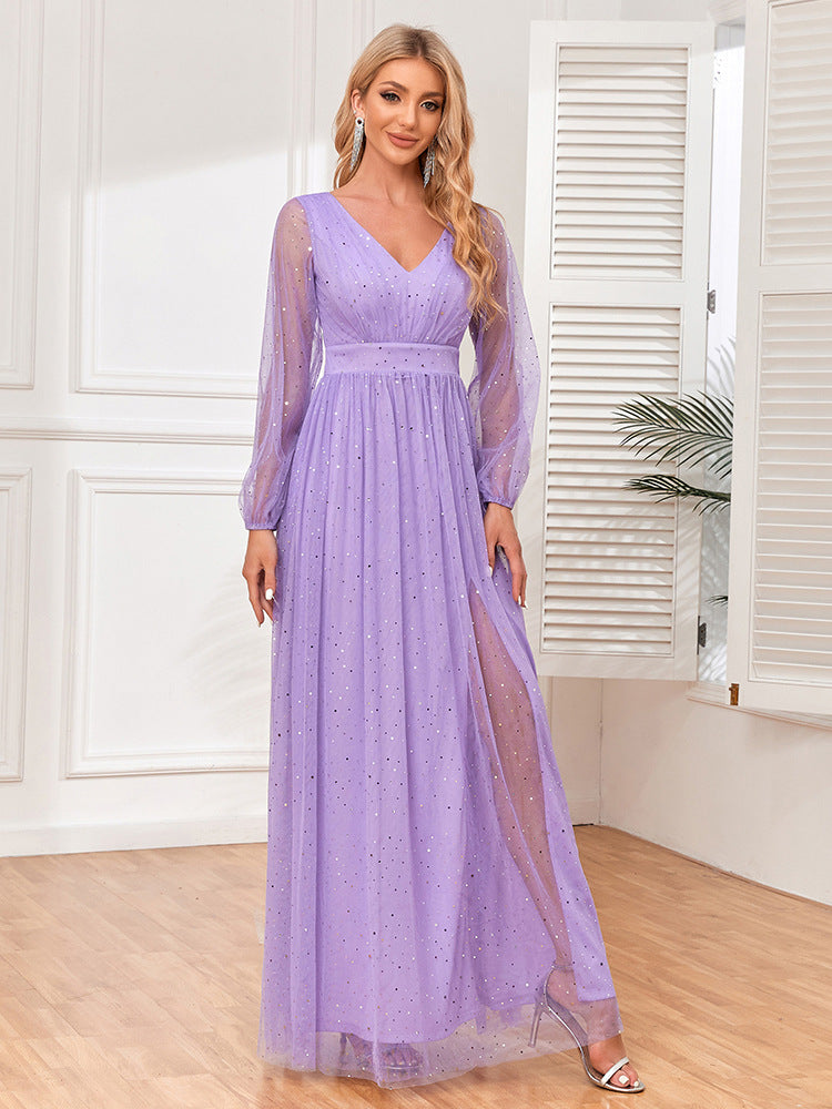Women's Elegant V-Neck See-Through Long Sleeves Sheer Glitter Evening Gown A-Line Wedding Party Dress 6
