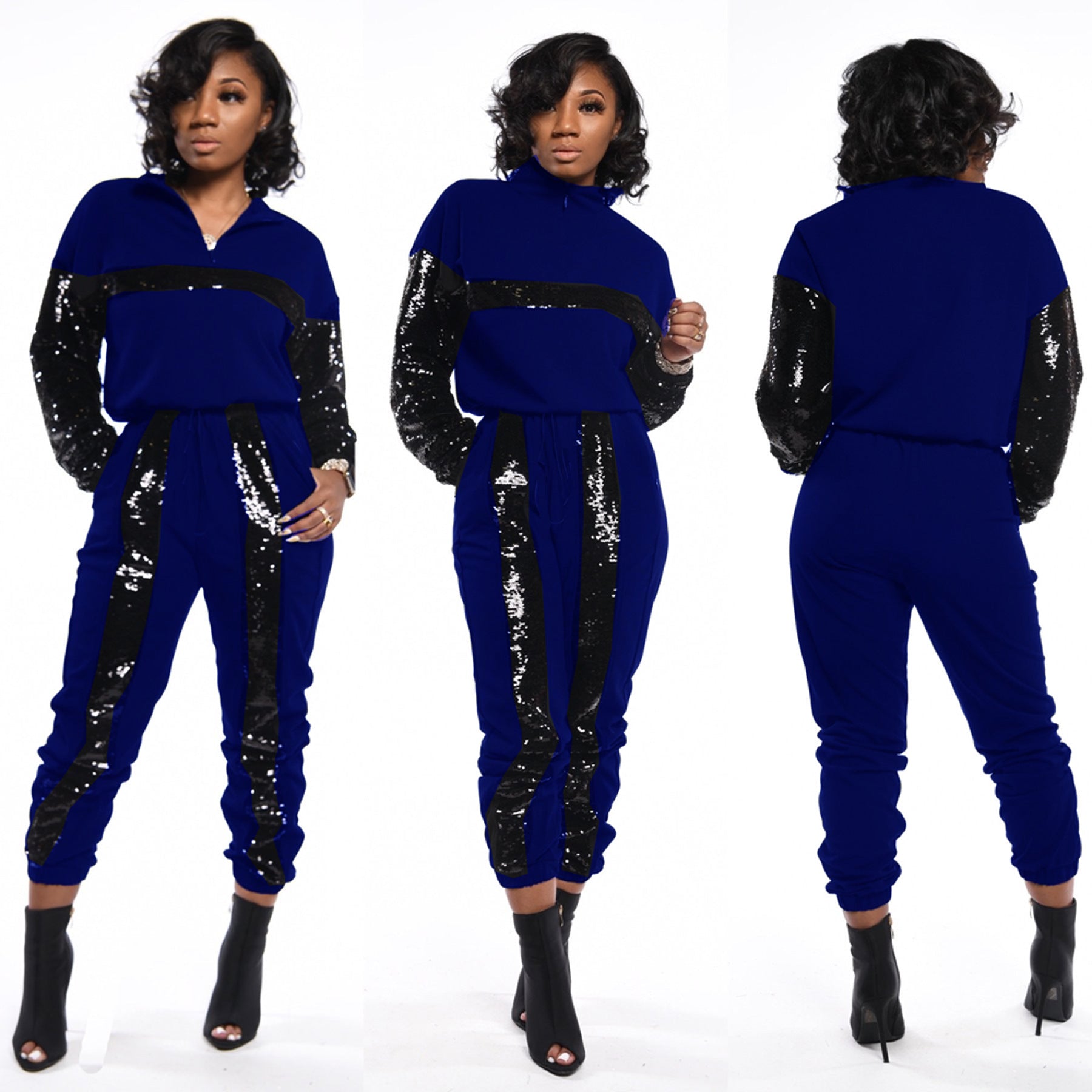 Women Sequin Colorblock Long Sleeve Top and Pant Two Piece Set 4