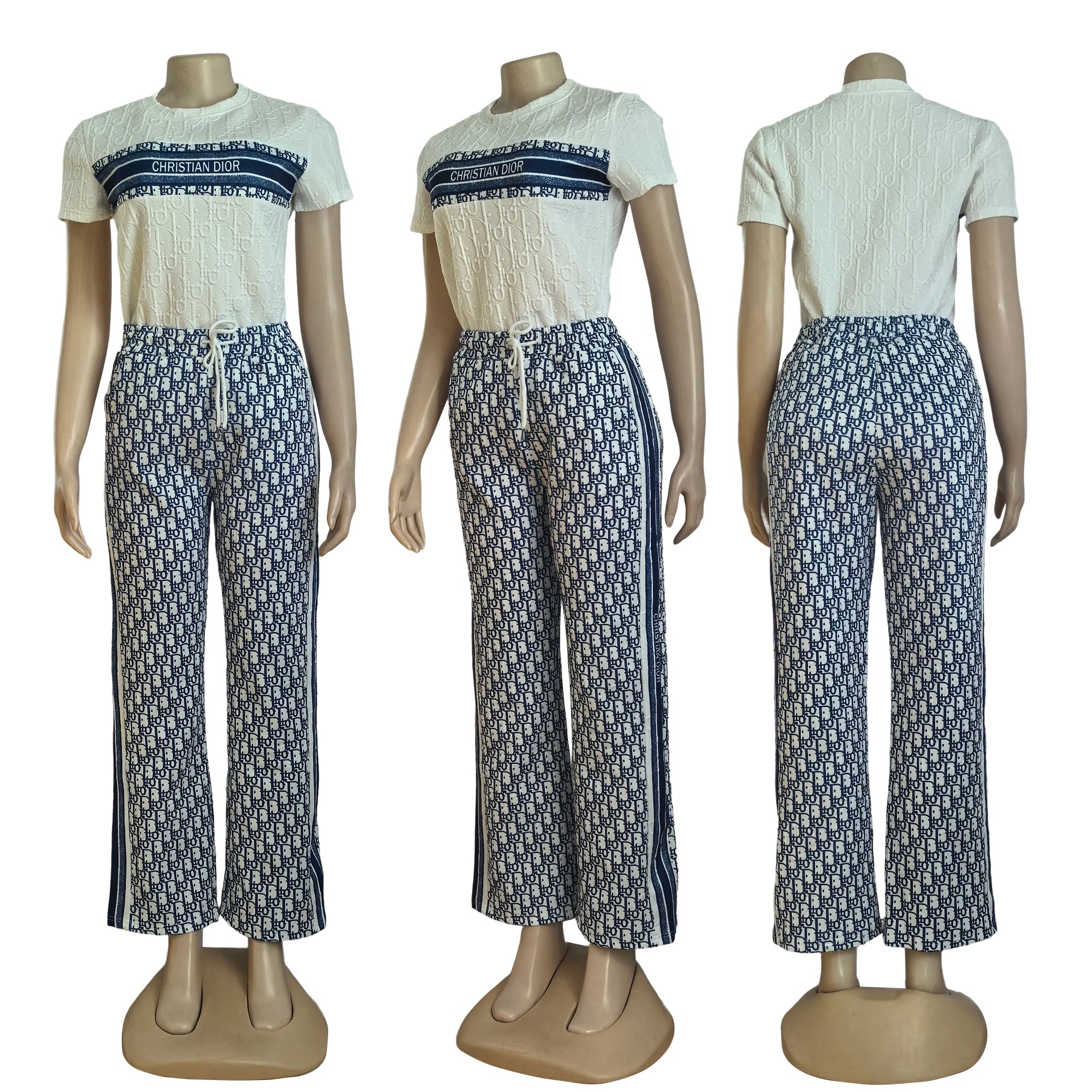 Women  Summer Casual Jacquard Short Sleeve T-shirt And Lace Jacquard Wide Leg Pants Two Piece Set 7