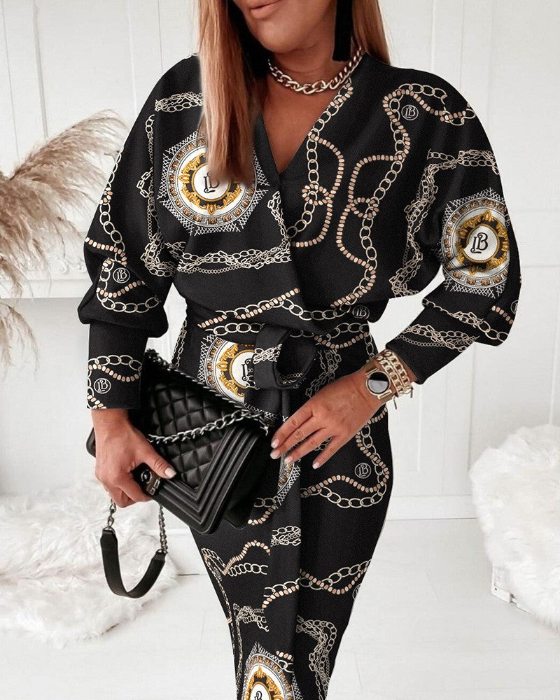 Autumn Print V-Neck Sexy Fashion Long Sleeve Dress 10