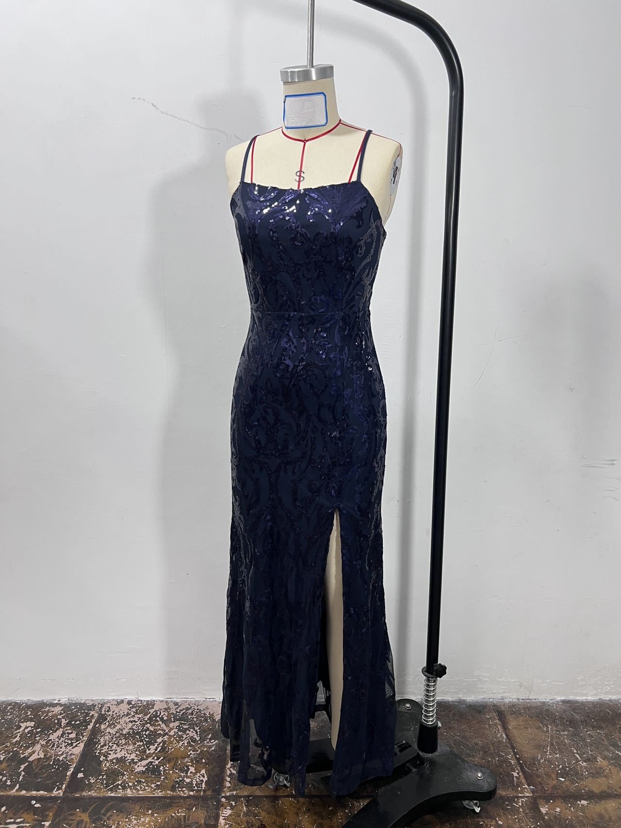 Women Sexy Sequined Suspender Backless Slit Evening Dress 14