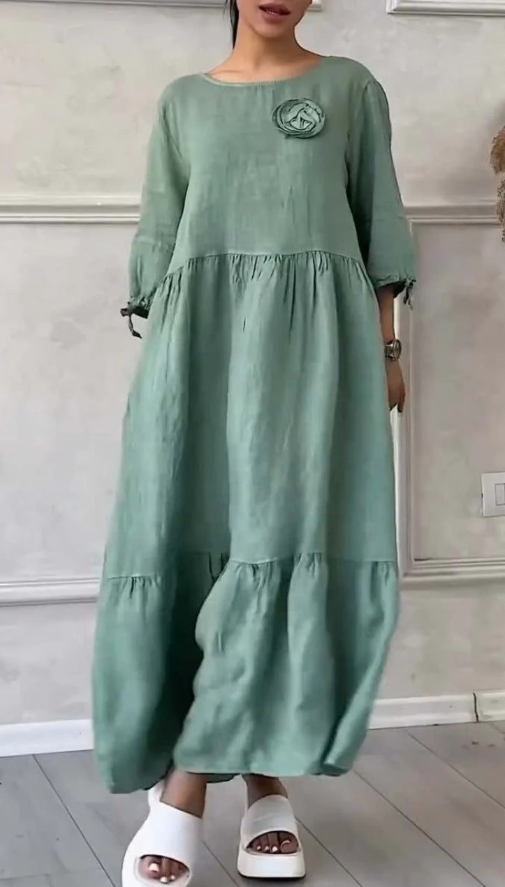 Women's Round Neck Pleated Long Sleeve Drawstring Back Tie Solid Color Casual Loose Dress 6