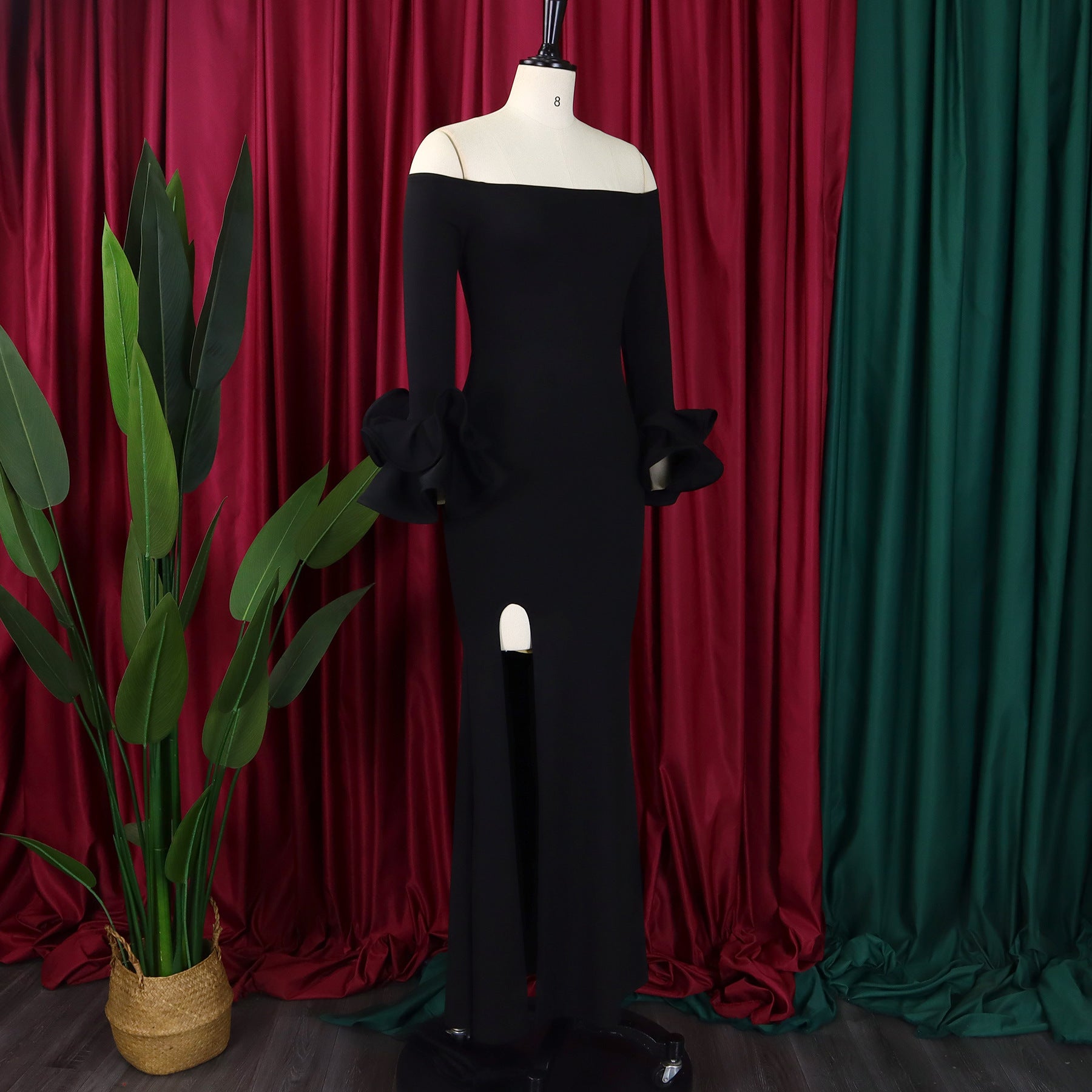 Fashionable And Elegant Off Shoulder Ruffle Sleeves Slit Formal Party Long Dress 34