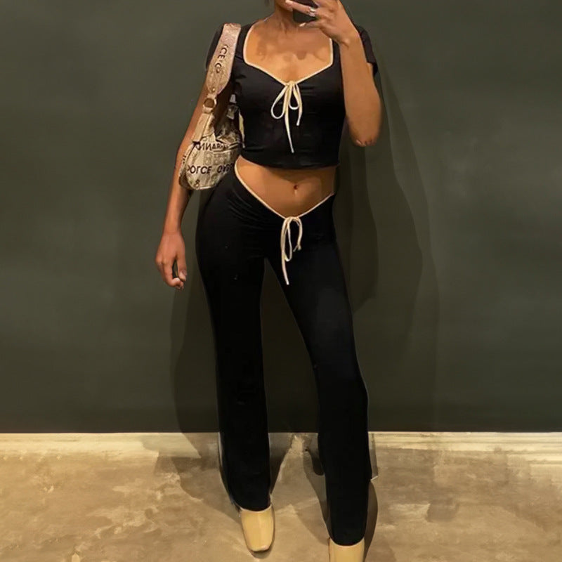 Women Autumn Sexy Crop Top Drawstring Wide-Leg Pants Two Piece Set 4