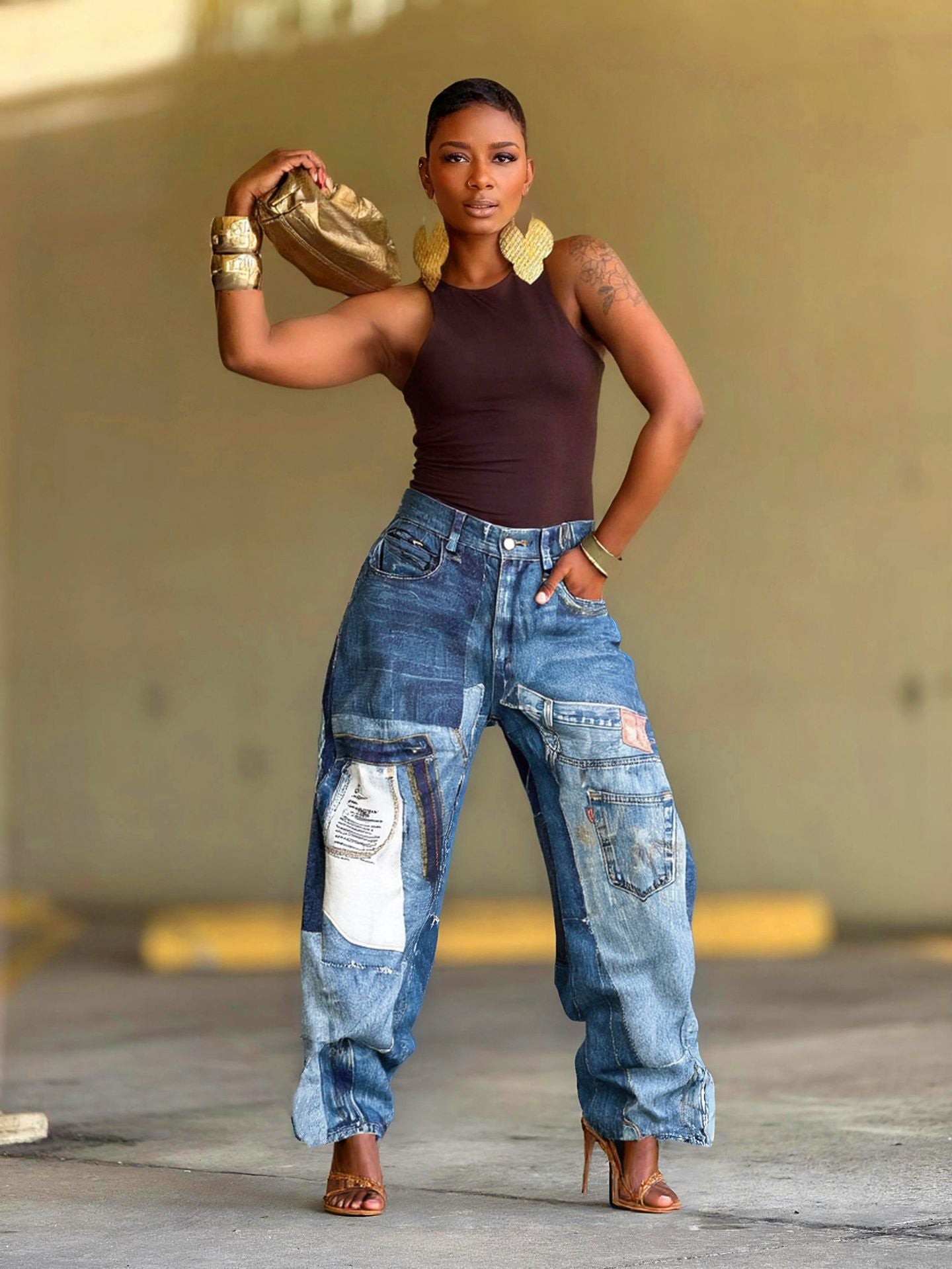 Women's Patchwork Print Denim Pants 3