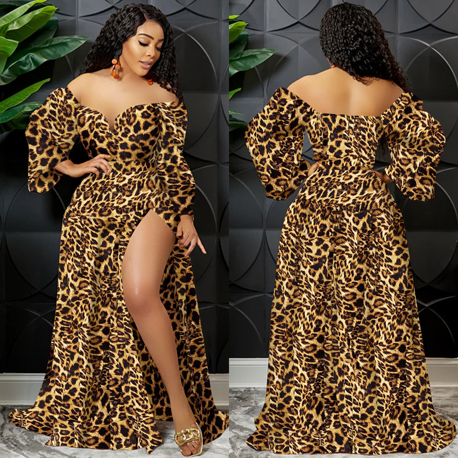 Printed V-Neck Wrap Chest Long Wide-Sleeve Irregular Slit Maxi Dress 5