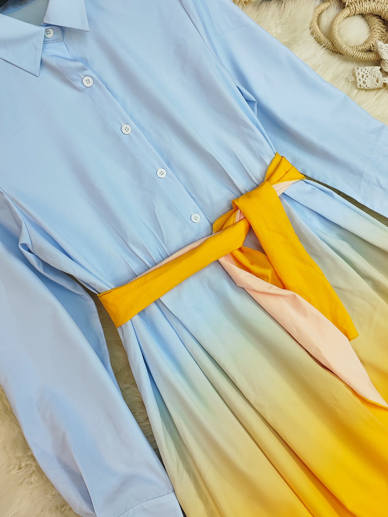 Summer Women's Fashion Gradient Long Sleeve Loose Tie Waist Shirt Dress 9