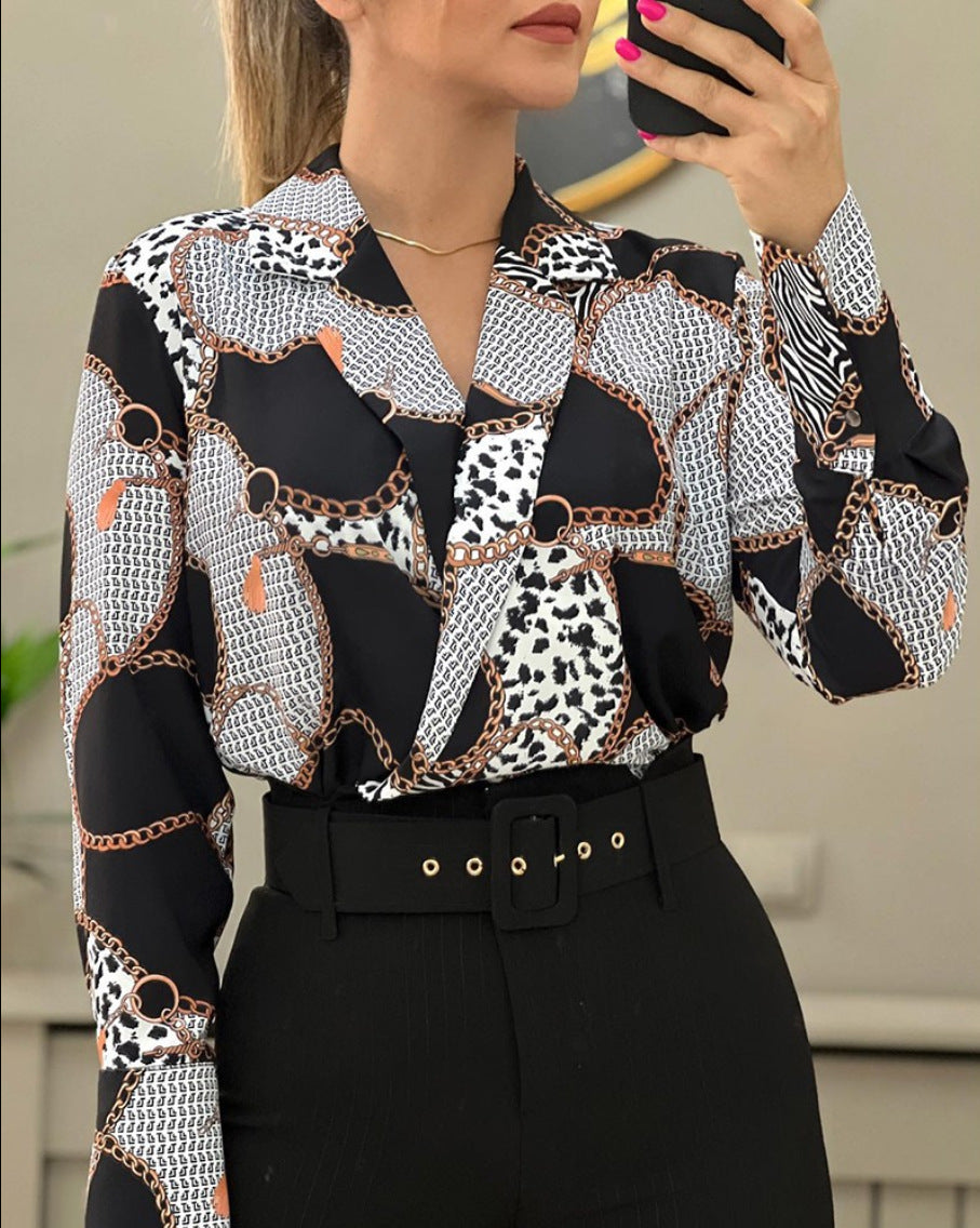 Autumn Loose Long-Sleeved V-Neck Pullover Printed Shirt For Women 7