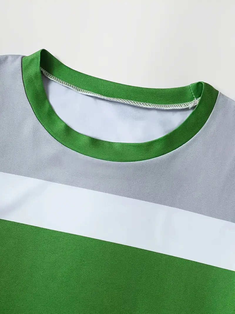 Women's Striped Print Short-Sleeve Sporty Two-Piece Shorts Set 23