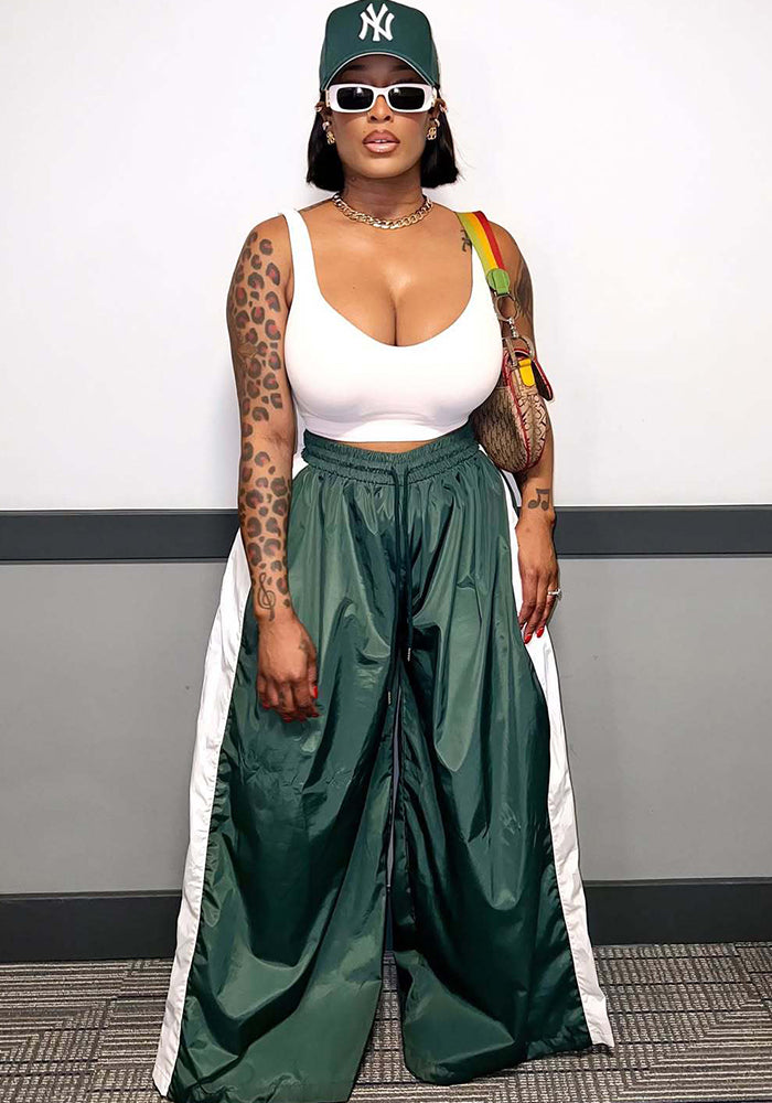 Women casual color matching drawstring wide leg pants