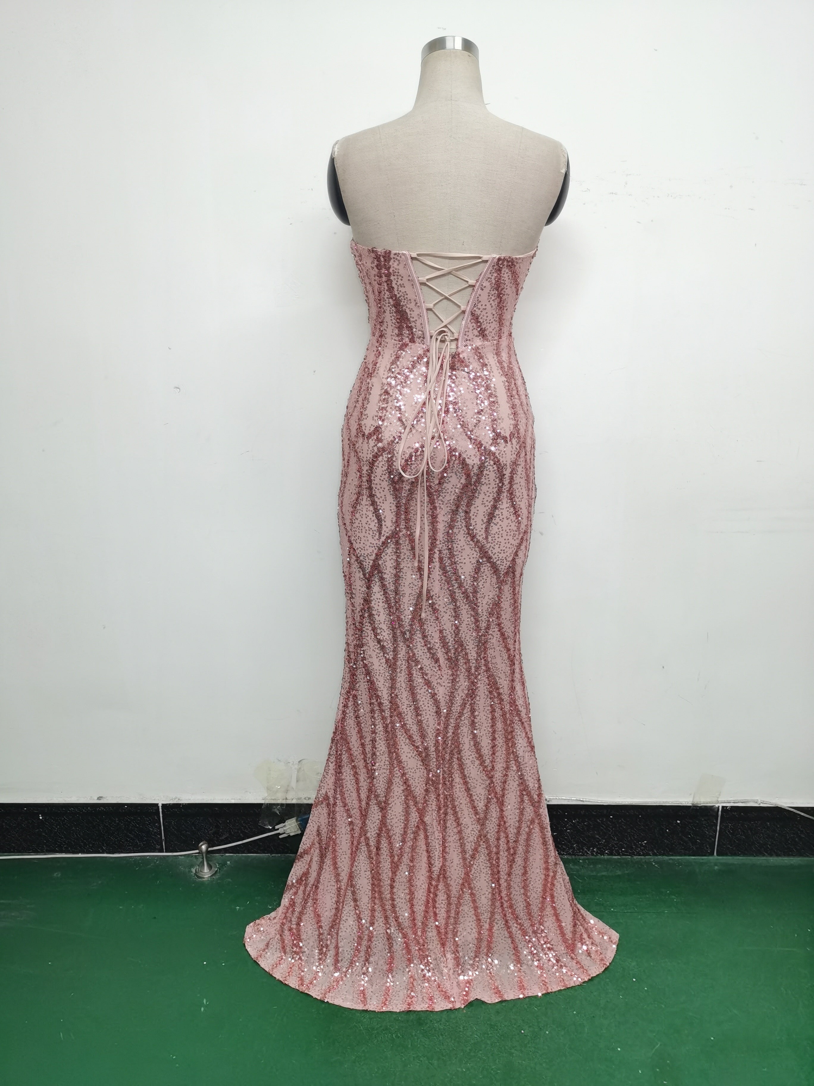 Fishbone Slim Waist Heart Neck Sequin Evening Dress Luxury Formal Party Gown 33