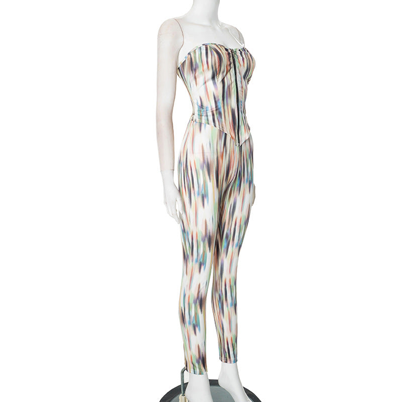 Women spring and summer Strapless off-shoulder zipper tie-dye top and pants two-piece set 6