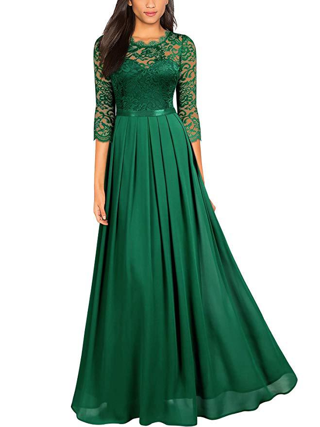 Women Patchwork Chiffon Round Neck Lace Evening Gown 7