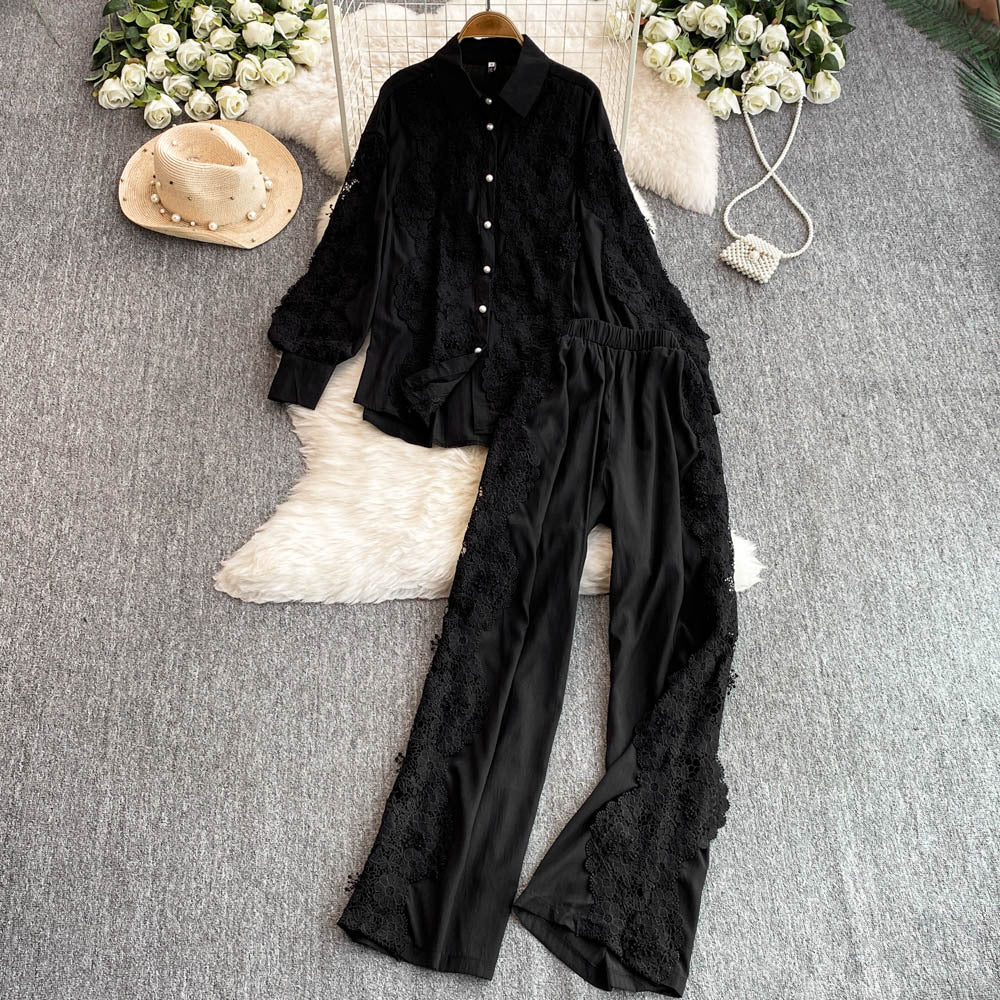Women French Lace Patchwork Long Sleeve Shirt Wide Leg Pants Two Piece 7