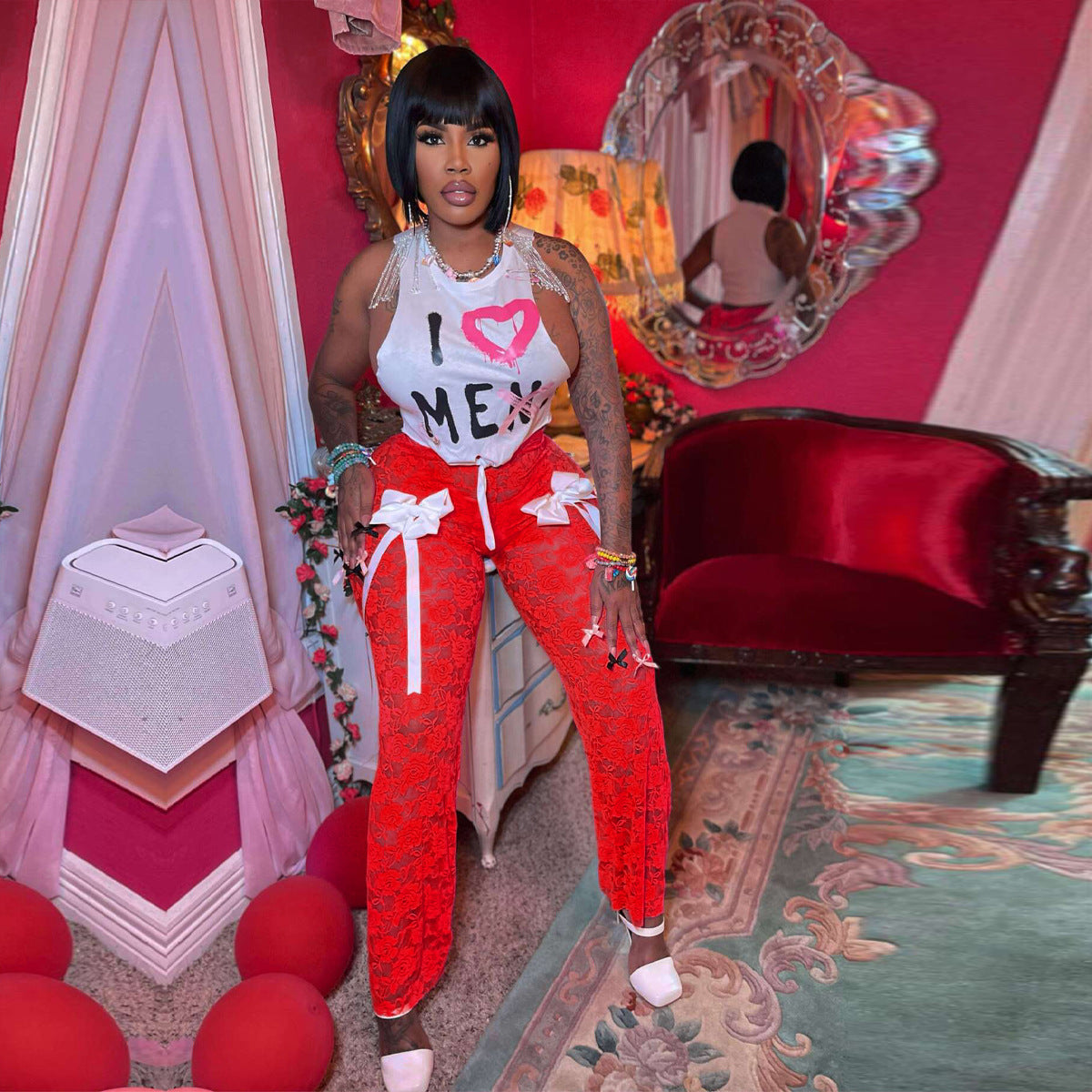 Women Sexy Lace See-Through Bow Sleeveless Top and Pants Two-piece Set