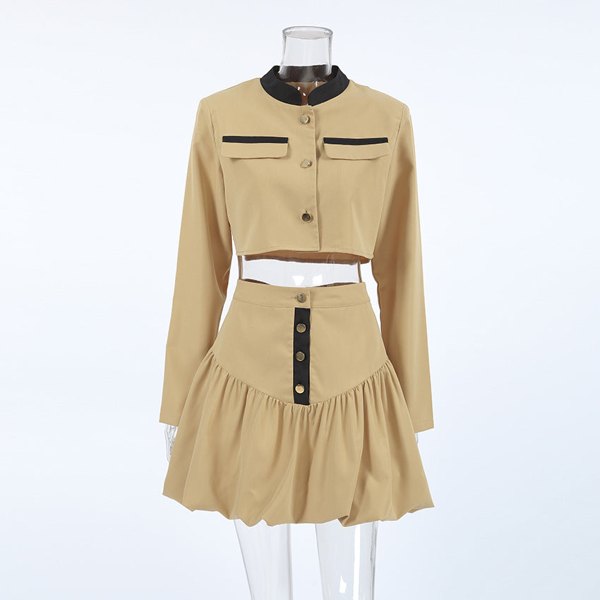 Women Fall Turndown Collar Long Sleeve Crop Top and Skirt Two-piece Set 7