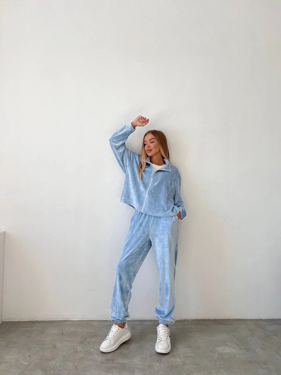 Autumn Velvet Zipper Long Sleeves Top Elastic Waist Pockets Trousers Casual Two-Piece Suit For Women 12