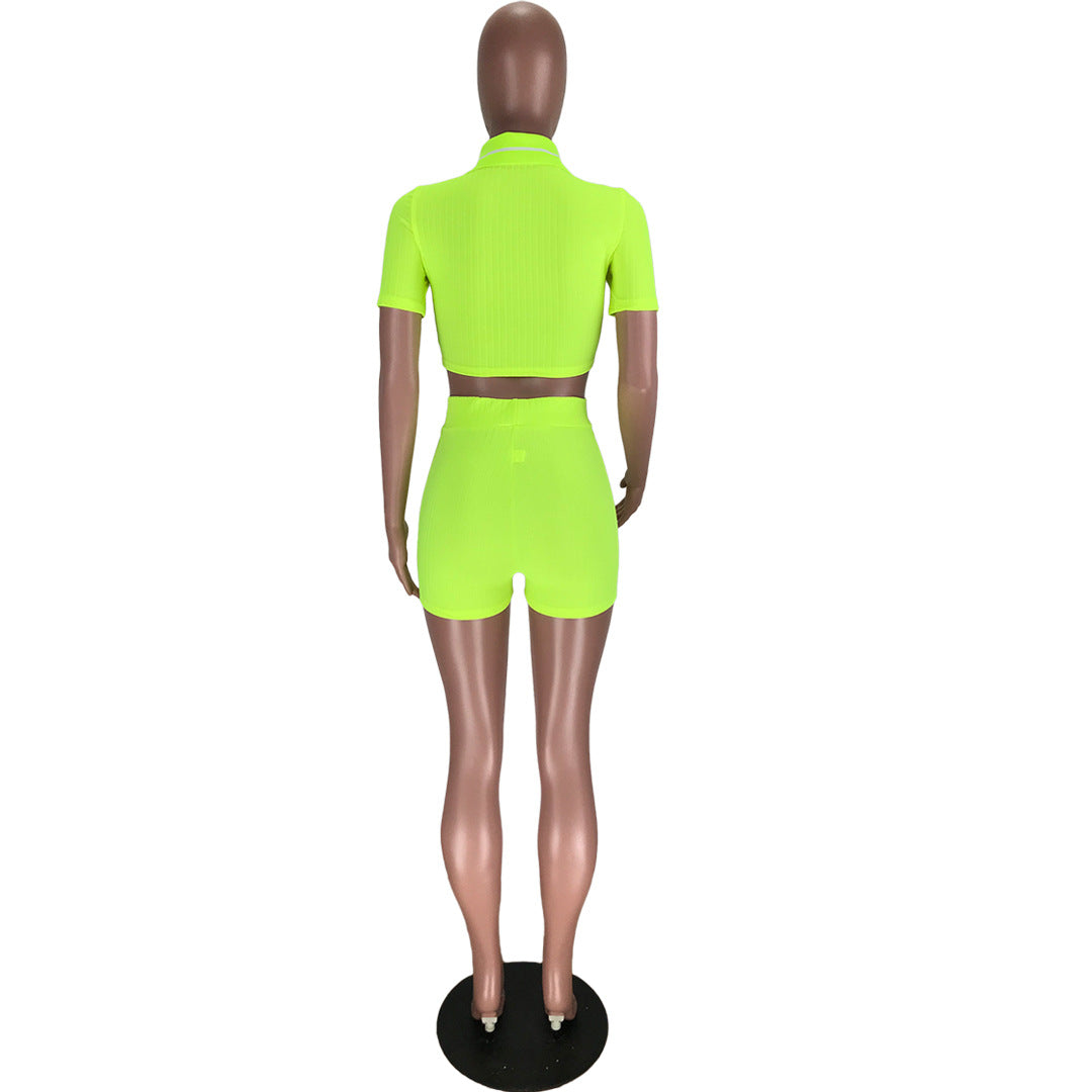 Women's Sports Casual Cropped Top Shorts Solid Color Two-piece Set 16