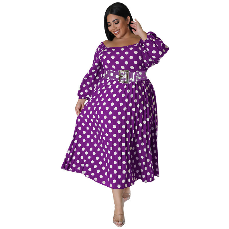 Plus Size Women'S Polka Dot Print Long Sleeve Pleated Dress With Belt 10