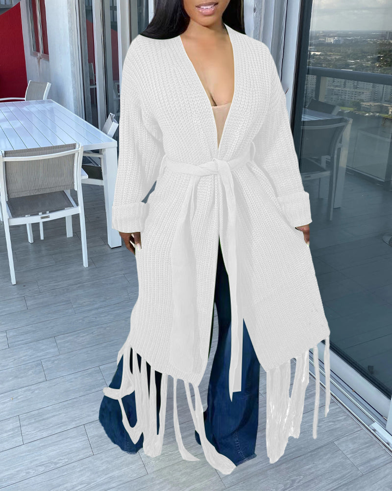 Women Long Sleeve Fringe Cardigan Sweater