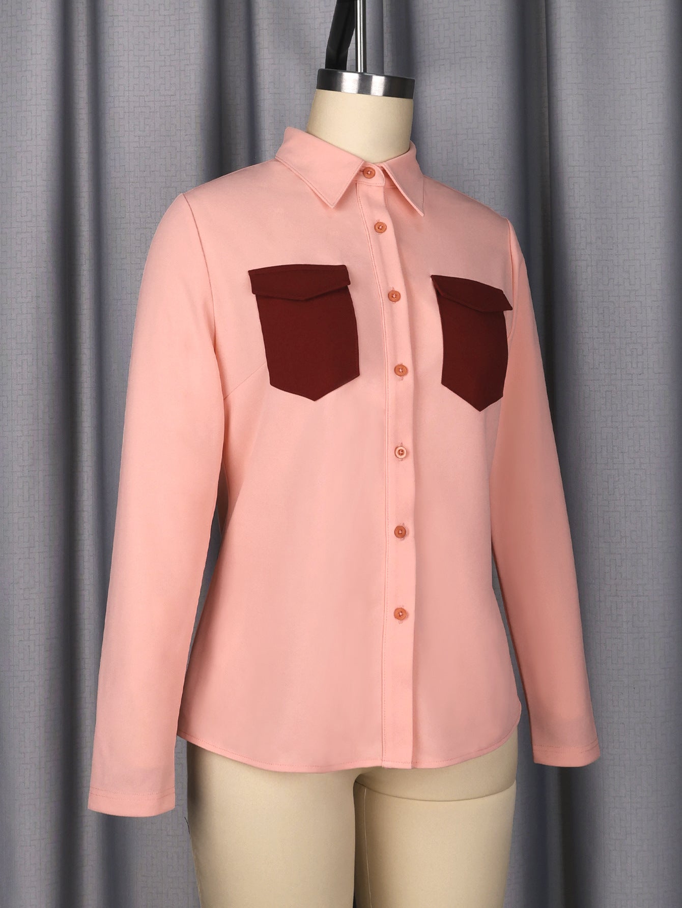 Women's Fashion Career Turndown Collar Color-Blocking Two-Piece Elegant Slim Waist Midi Skirt Set 5